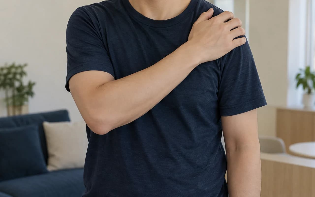 한 손으로 어깨의 불편한 부위를 짚는 모습