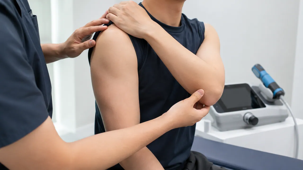 체외충격파 치료 전 어깨와 팔의 움직임을 확인하는 모습